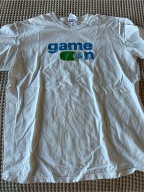 Port and Company White Tee with Blue and Green "game on" Graphic